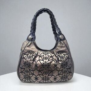 Brighton Masterpiece Florencia Leather Pewter Embroidered Large Shoulder Bag